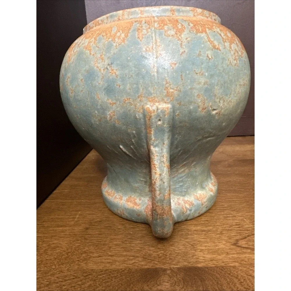 Burley Winter Pottery Vase Green Mottled Glaze Double Handle Antique 1930's #54